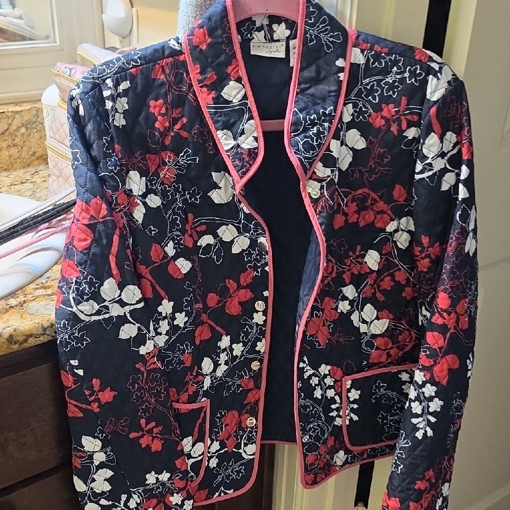Kim Rogers Size L Black Quilted Bomber Jacket with Red & White Floral Trim